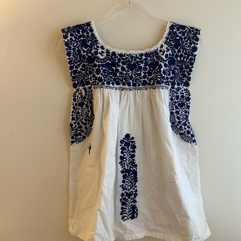 Mi Golondrina Navy and White Embroidered Women’s Blouse